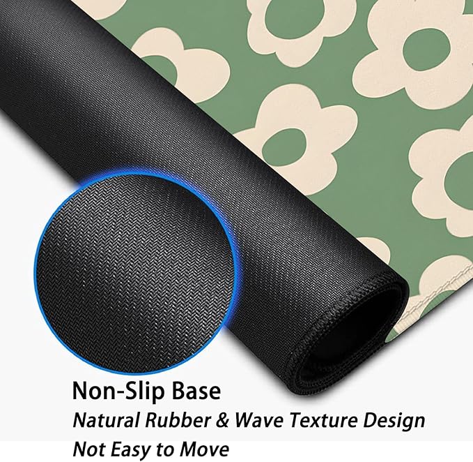 Green Daisy Flowers Desk Pad Mouse Pad,Large Daisies Floral Mouse Mat with Stitched Edges,Non-Slip Rubber Base Mousepad for Office PC Keyboard Laptop and Home Work Desk Mat(27.5X11.8 in)