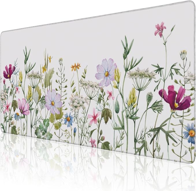 Desk Mat, Vintage Watercolor Flowers Extended Large Gaming Mouse Pad for Desk XXL, Non-Slip Rubber Base Stitched Edges Long Computer Keyboard Desk Pad Mouse Mat for Home Office Gaming 35.4"X15.7"