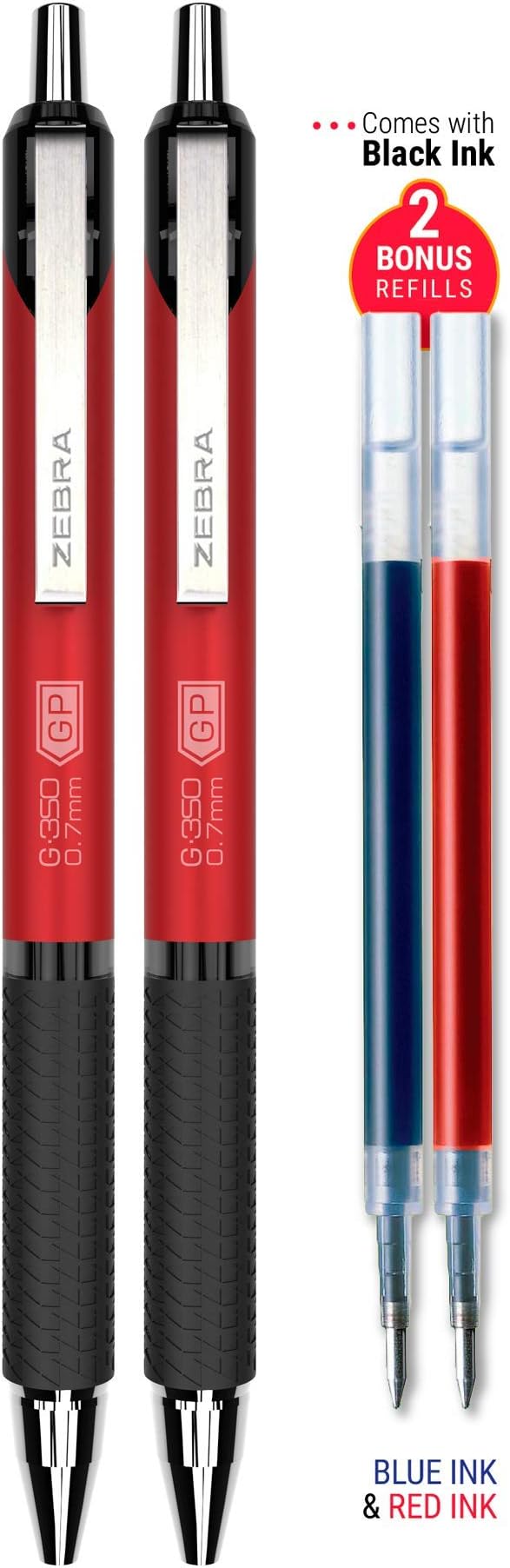 Zebra Pen G-350 Gel Pens 2-Pack, Black Ink, 0.7mm Medium Point, Crimson Red Premium Metal Barrel, Rapid Dry Ink, Textured Rubber Grip, Secure Metal Clip, Includes 2 Refills (40312)