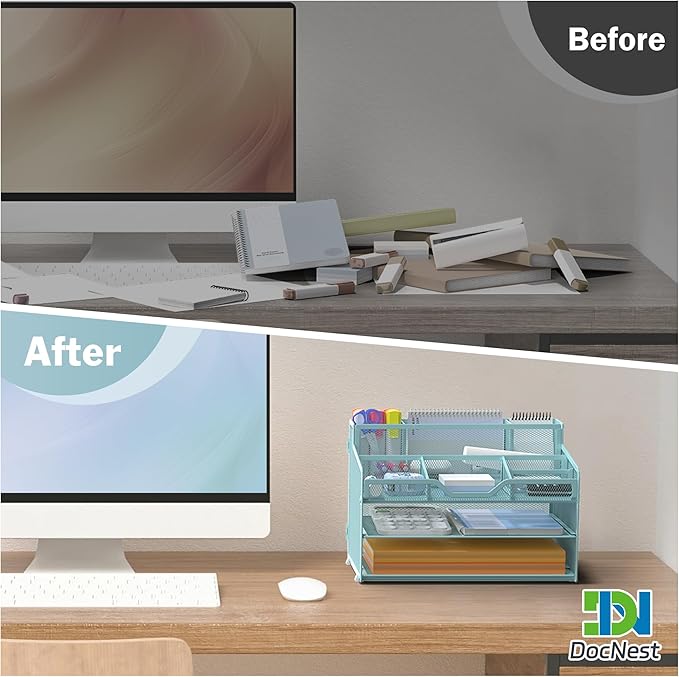 Docnest 3 Tier Mesh Desk Organizer for Paper Office Supplies – Multi-Functional Letter Tray with 5 Adjustable Compartments, 3 Pen Holders, Desktop Storage for Files, Mail, Stationery – Blue