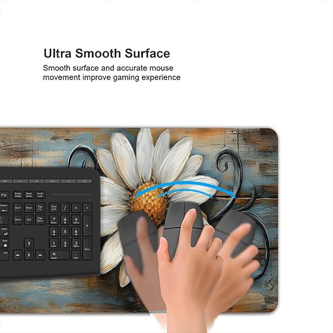 Rustic White Daisy Desk Pad Floral Farmhouse Spring Country Extended Gaming Mouse Mat with Stitched Edge Non-Slip Base Big Office Computer Keyboard Laptop Home 31.5"x11.8"