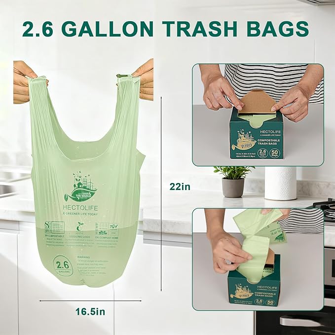 HECTOLIFE 2.6 Gallon 100 Count,Compostable Bags Handle Tie,Tear Resistant Kitchen Food Scrap Waste Bag, ASTM D6400, US BPI and Europe OK Compost Home Certified