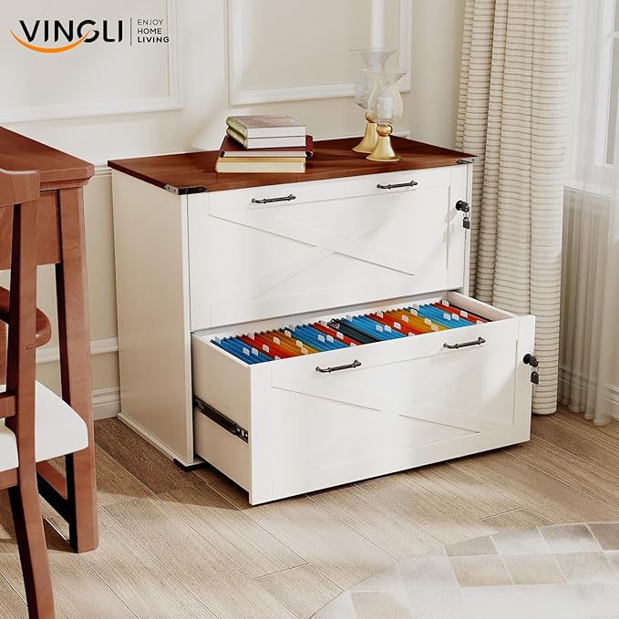 VINGLI 2 Drawer File Cabinet with Lock, Home Office Filing Organizer, for Letter Legal A4 Size File Folder Storage, Modern Farmhouse, Wood Lateral Filing Cabinet, Archivador (Rustic White & Brown)