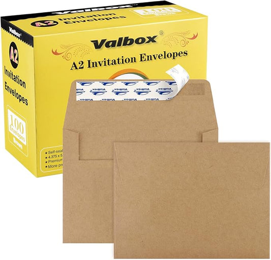 ValBox A2 Invitation Envelopes 100 Qty 4.375x5.75" Brown Kraft Envelopes Self Seal for Invitations, Photos, Wedding, Announcements, Thank you Notes, RSVP, Greeting Cards | 4-3/8 x 5-3/4 Inches(A2)