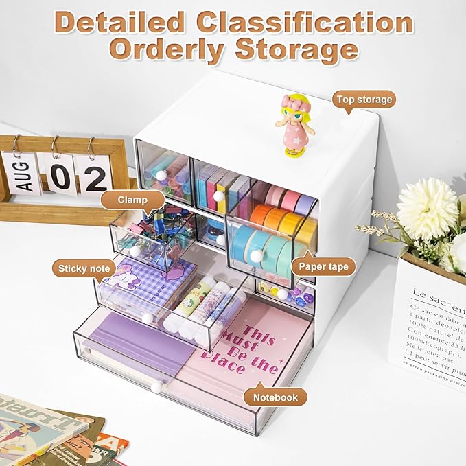 Desk Organizer with 9 Drawers, 4 Tier Plastic Stackable Storage Drawers for Desk Storage, Office Stationary Makeup Organizer Suit for Home, Office and School