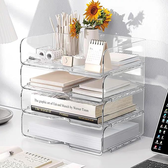 Clear Stackable Paper Trays 4 Pack, PET Letter Tray Desk Organizer, Desktop Organizers and Storage for Books, Magazines, Folders, A4 Size File Paper, Notes, Pens