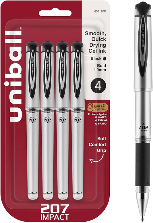 uni-ball Signo 207 Impact Stick Gel Pen, 4 Black Pens, 1.0mm Bold Point Gel Pens, Smooth Writing, Archival-Quality Ink, Acid-Free, Superior Comfort