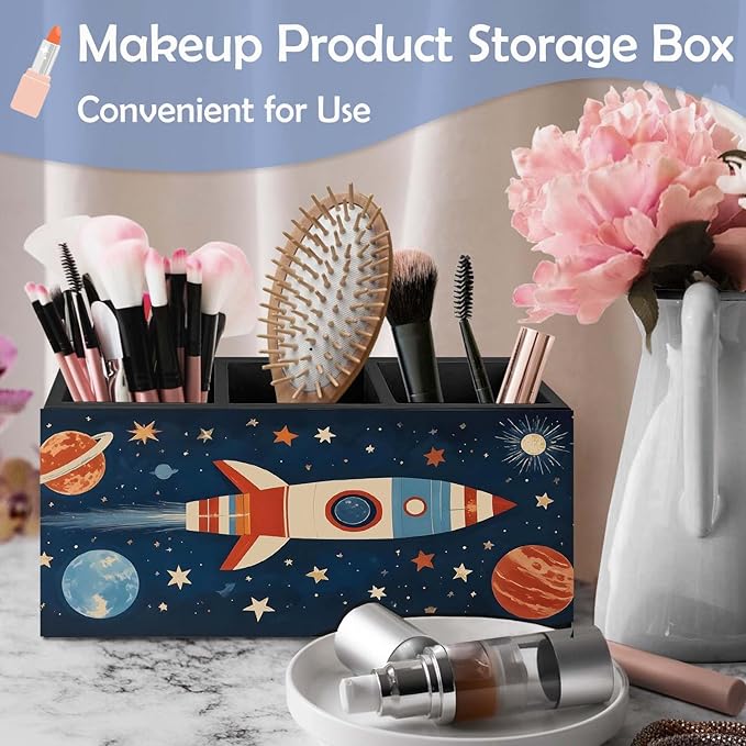 SNNDER Outer Space Pen Holder for Desk, Cosmic Rocket Planet Celestial Wooden Box Sign Desk Decor for Kids Room Home Classroom Decoration, Blue Galaxy Pencil Organizer, Space Decor for Boys Room