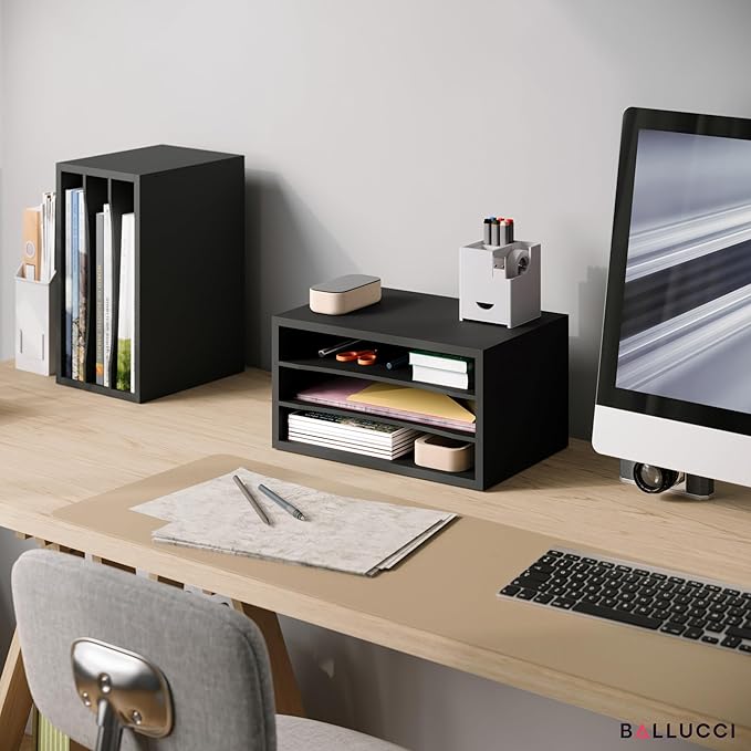 Ballucci Paper Organizer, 3-Tier Stackable Wood Desk Organizer, Document File Organizer and Mail Sorter with Adjustable Storage Shelves, Black