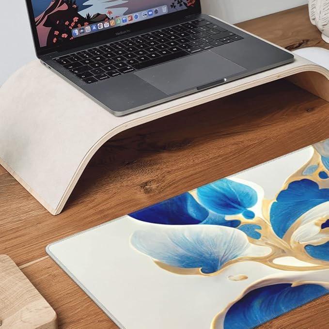 Desk Pad,Office Desk Mat 31.5"×11.8" Large Gaming Mouse Pad,Extended Computer Mouse Pad,Waterproof Thick Big Mouse Pads with Non-Slip Rubber Base Office Home Blue White Marble Flower
