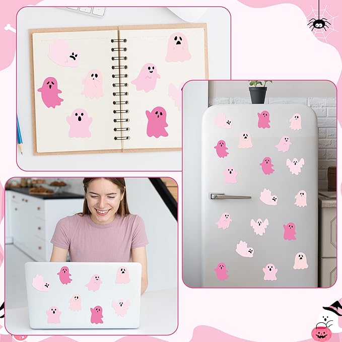 72pcs Halloween Pink Ghost Sticky Notes & Pens & Ribbons Set, Pink Little Boo Pastel Notepads Gift, Self-Stick Memo Pad for Office Classroom Halloween Back to School Party Favor Supplies