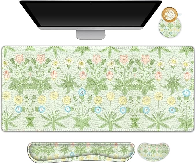 Large Mouse Pad and Keyboard Wrist Rest, Extended Mouse Pad with Wrist Support, Non-Slip Desk Mat, Desk Blotter Protector Pad for Home Office, Green Flowers Plants