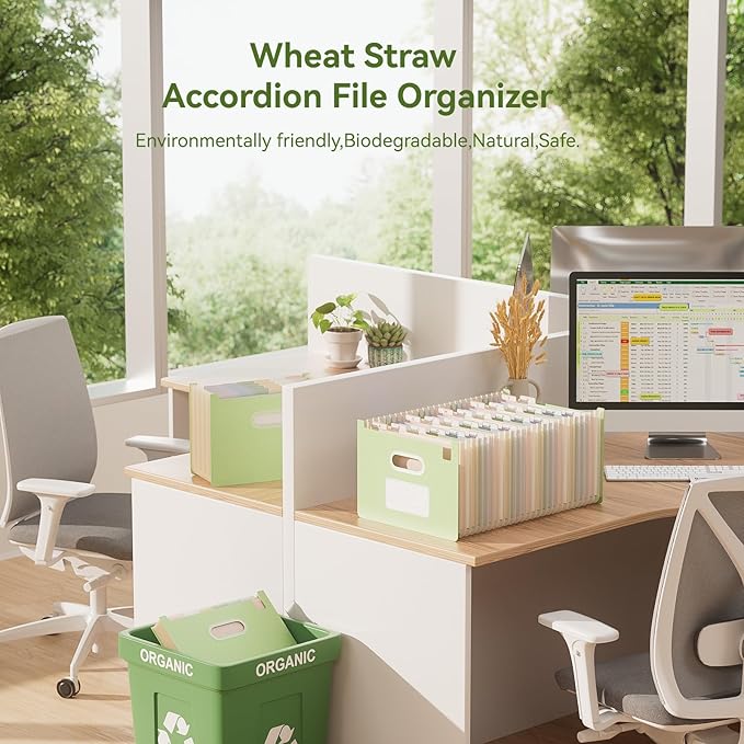 Accordion File Organizer, 26 Pockets Wheat Straw Expanding File Folders, Upright&Open Top, A-Z Bill Receipt Organizer, 100% BPA Free, Return to Nature, Healthy Living, Letter/A4 Size-Mint Green