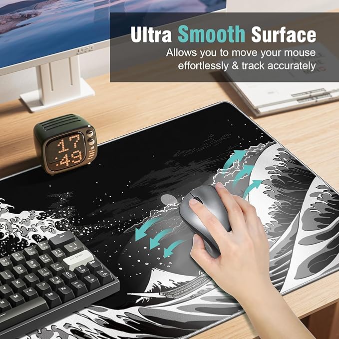 Japanese Sea Wave Gaming Mouse Pad, 31.5×11.8in Japanese Kanagawa Black Mousepad Desk Mat, High-Performance Smooth Precision Fabric Mousepad for Fluid Control, Stable Non-Slip Rubber Base Mouse Pad