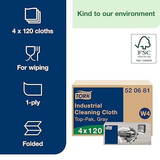 Tork Industrial Cleaning Cloth Gray W4, Flexible and Soft, 4 x 120 Cloths, 520681