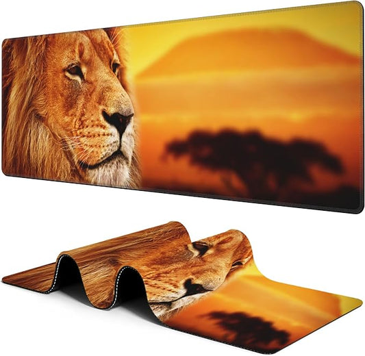 Lion at Sunset Mouse Pad Desk Mat XL Large Gaming Mousepad Extended Computer Keyboard Mat with Non-Slip Rubber Base and Stitched Edge 11.8 x 31.5 Inch for Gaming and Office Work