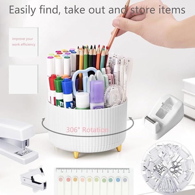 Office Supplies,Desk Accessories,with Stapler,Tape Dispenser,Staple Remover,Scissor,Ballpoint Pen,Sticky Notes,Clear Tape,Staples,Desk Organizer,Phone Stand,Binder,Index Tabs,Best gift set(White)