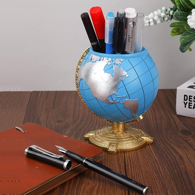 Globe Pen Holder Desk Decor Organizer Cute Cool Fun Vintage Pencil Cups Gifts for Teacher Kids Men Desk Accessories for Office Home School (Blue)