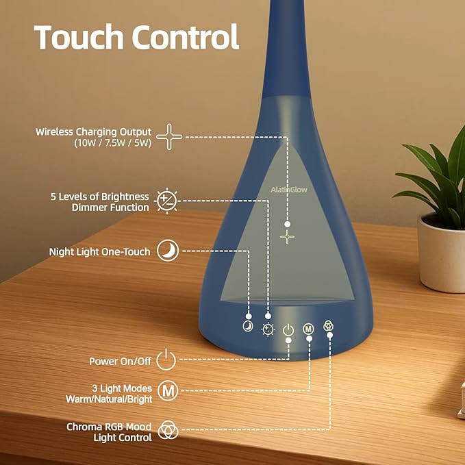 LED Desk Lamp with USB Charging Port, Dimmable Reading Light Touch Control and Eye Protection, Adjustable Brightness Table Lamp for Home Office Bedroom (Blue)