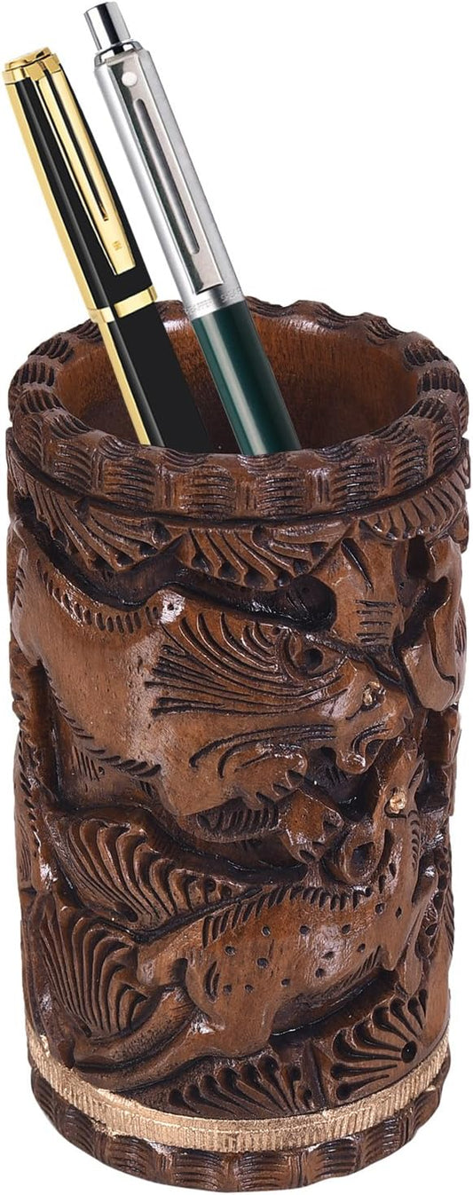Craft Trade Hand Carved Wood Pen Holder for Desk Organizer for Home School Office Pencil Cup Pot Storage Box Suitable for Stationery - Natural Wood