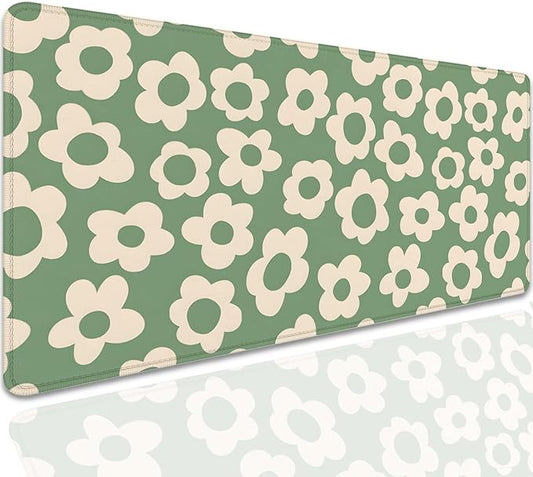 Green Daisy Flowers Desk Pad Mouse Pad,Large Daisies Floral Mouse Mat with Stitched Edges,Non-Slip Rubber Base Mousepad for Office PC Keyboard Laptop and Home Work Desk Mat(27.5X11.8 in)