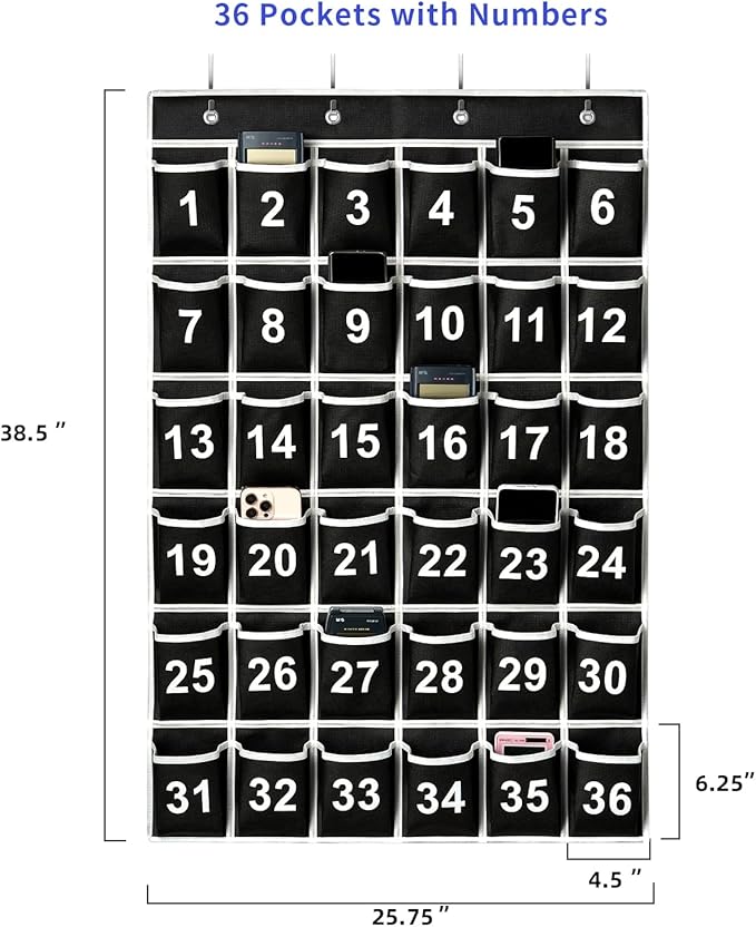 36 Pockets Black Numbered Classroom Pocket Chart for Cell Phones, Hanging Pocket Chart Storage for Classroom Phone Calculator Holder with 4 Hooks (Black-36pockets)