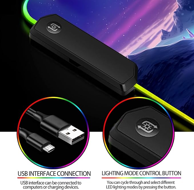 RGB Fantasy Aurora Scenery and Dragon Gaming Desk Mat, Computer Keyboard Large Extended Long LED Mouse Pad for Office and Home, XL (W06)