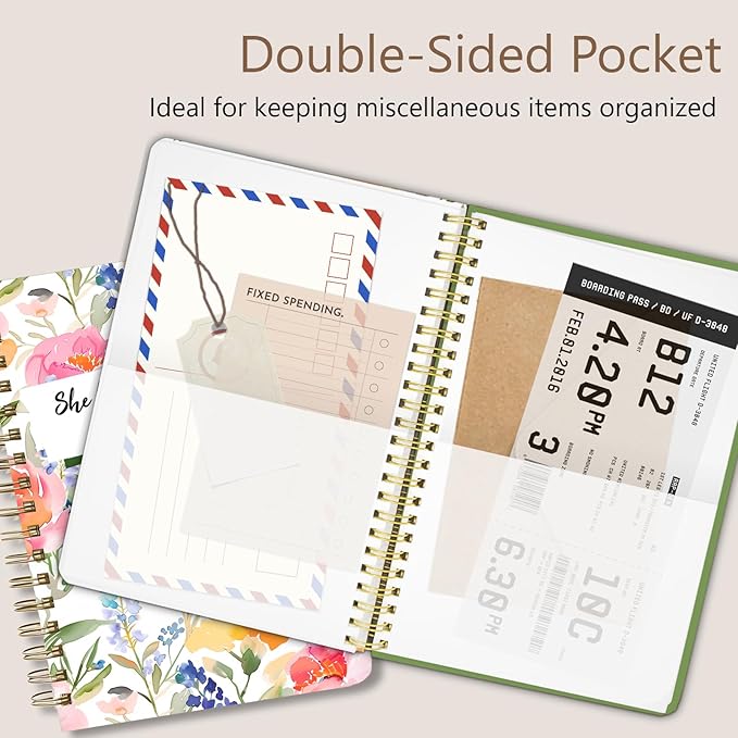 Cute Spiral Notebook journal A5 Aesthetic Pretty Floral Design for Women Girls Kawaii with Pocket, 8.5 x 5.7 inch, Flower