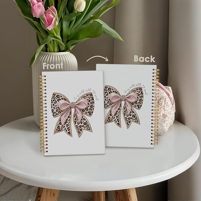 Leopard Coquette Bow Christian Spiral Notebook, Christian Notebook for Women, Religious Prayer Journal for Woman, It is Well with My Soul Scripture Hardcover Notebooks 5.5x8.3