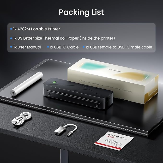 Portable Printers Wireless for Travel, Inkless Printer for Phone & Laptop, Thermal Bluetooth Small Compact Mobile Printer for Home Use, Support 8.5" X 11" US Letter & A4 Size