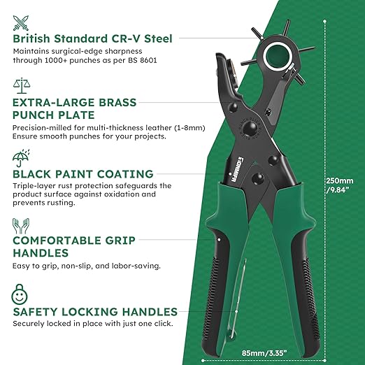 Professional Leather Hole Punch Plier - Tonmifr Heavy Duty 6 Sizes Belt & Watch Band Hole Puncher Tool, Leather Craft Tool for Belts, Handbags, Straps, Cardboard, Precision Ground Punches with Non-Sli