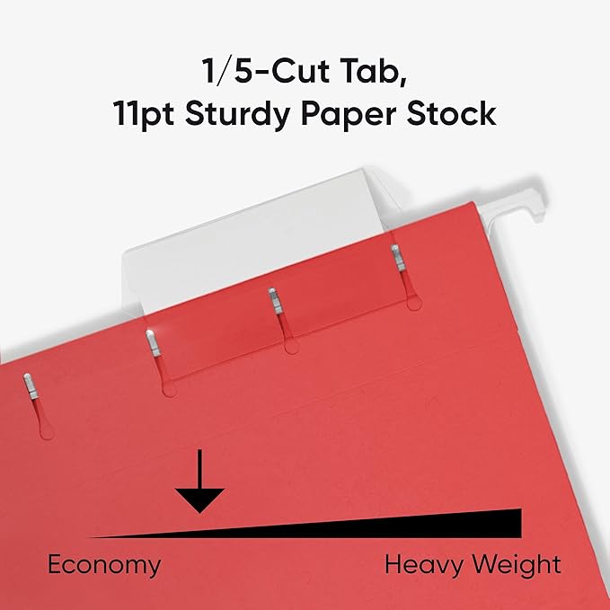 Smead Standard Hanging File Folders, 25 Count, Red, 1/5-Cut Adjustable Tabs, Letter Size (64067)