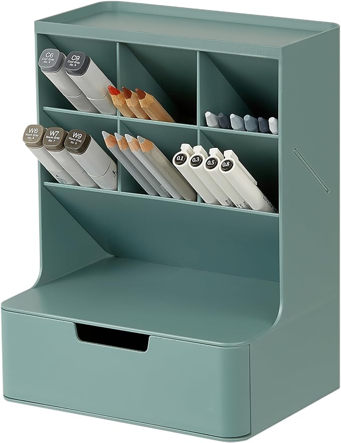 BLUE GINKGO Hive Desk Organizer – Vertical 6-Compartment, Full-drawer Storage – Space-Saving Pen Holder, Stationery Storage – Organizer for Office, School Supplies, Makeup (Made in Korea, Green)