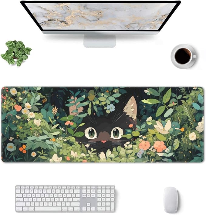 Cat Hiding in Flowers Large Mouse Pad, Anime Style Gaming Desk Mat, XL Keyboard Desk Pad Mat for Desktop, 31.5"x11.8" Non-Slip Base Big Mousepad with Stitched Edges