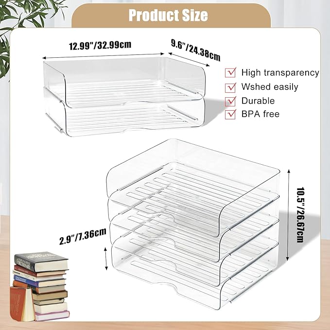 Clear Stackable Paper Trays 4 Pack, PET Letter Tray Desk Organizer, Desktop Organizers and Storage for Books, Magazines, Folders, A4 Size File Paper, Notes, Pens