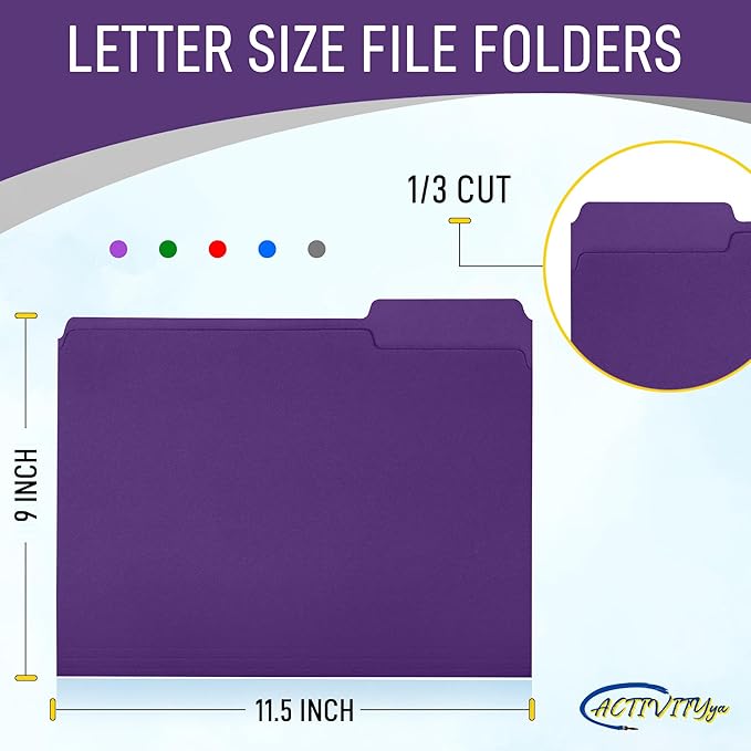 Purple File Folders, 1/3-Cut Tabs, Letter Size, 12-Pack – Durable Office Filing Folders for Documents, Papers, and Organization