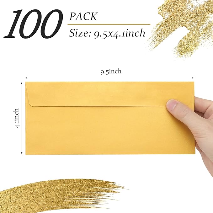 100 Pack Metallic Gold Envelopes #10 Business Envelopes 4-1/8 x 9-1/2 Self adhesive Mailing Envelopes for Office, Business Letterhead, Invoices, Personal Mailing, Letters, Unique Invitations