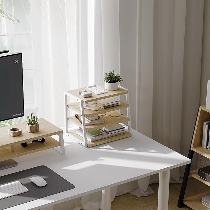 Fenge Desk Shelf Organizer, 4 Tier Desktop Shelf, Wood and Metal Office Shelves, Corner File Organizer for Office Supplies, Top of Desk Organizers and Accessories