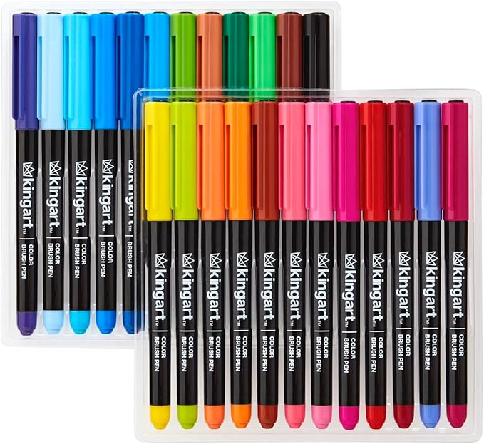 KINGART PRO 24 Watercolor Brush Pens - Premium Blendable Coloring Markers for Adults & Kids - Flexible Tip for Fine Lines & Calligraphy Lettering - Non-Toxic Art Set for Drawing.