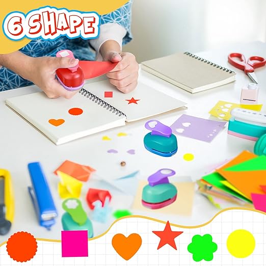 36 Pcs Craft Hole Punch Shapes with Colorful Craft Sticker Paper Punch 1 Inch Paper Punchers Scrapbook Punches with Sticker, Flower, Round, Star, Square, Heart, Wave Circle Shape