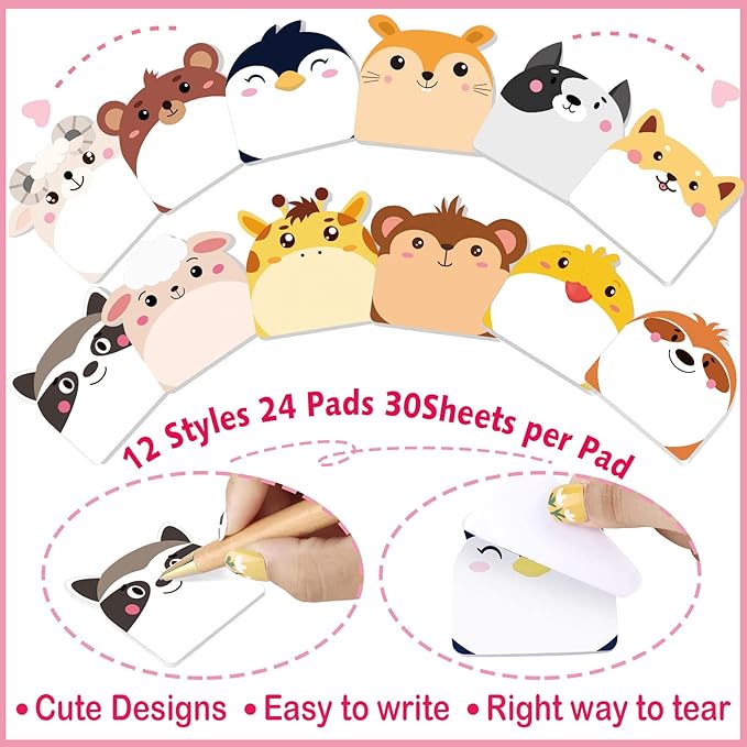Yinder 24 Pads Cute Sticky Notes Kawaii Fun Animal Sticky Notes Pads Bulk Cartoon Memo Self Adhesive for Veterinary Gift Office School Tab Party Supplies(Multi Animals)