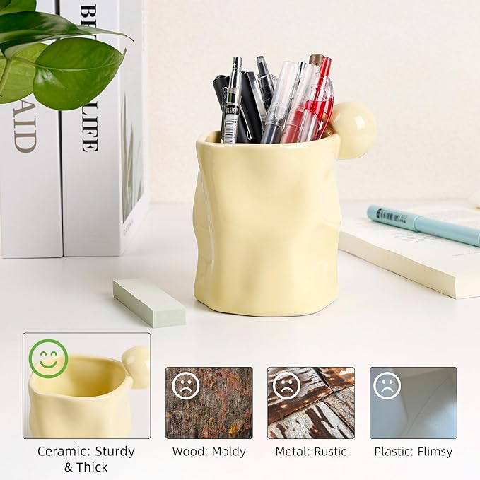 Ceramic Pen Holder for Desk, Pencil Holder Stand, Pencil Cup Pot, Irregular Shape Desktop Organizer for Office, Home, School - Yellow