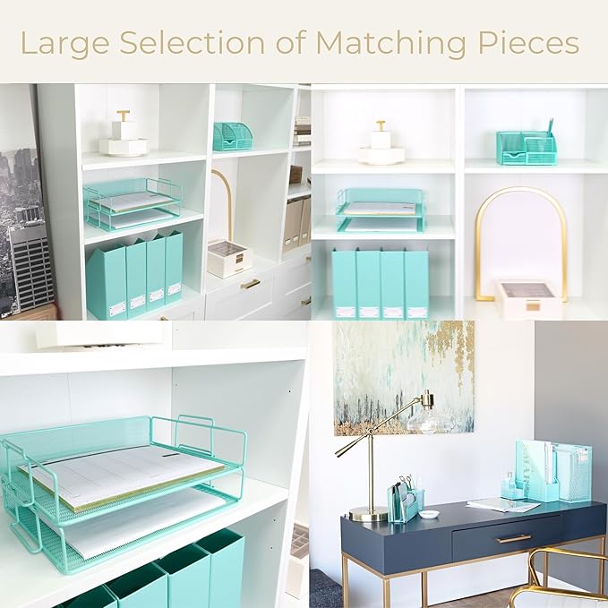 BLU MONACO Aqua Mesh Paper Tray – Set of 2 Stackable Letter Trays – Durable Metal Desk Organizer for Home, Office & School – Stylish Document Holder, File Storage, and Workspace Organizer