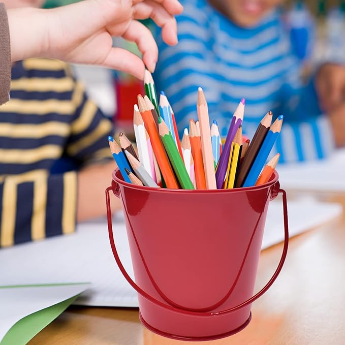 Colored Metal Buckets with Handle, 6 Pack 5.91 Inch Galvanized Iron Pail Bucket for Kids,Classroom,Crafts,and Party Favors (Red)