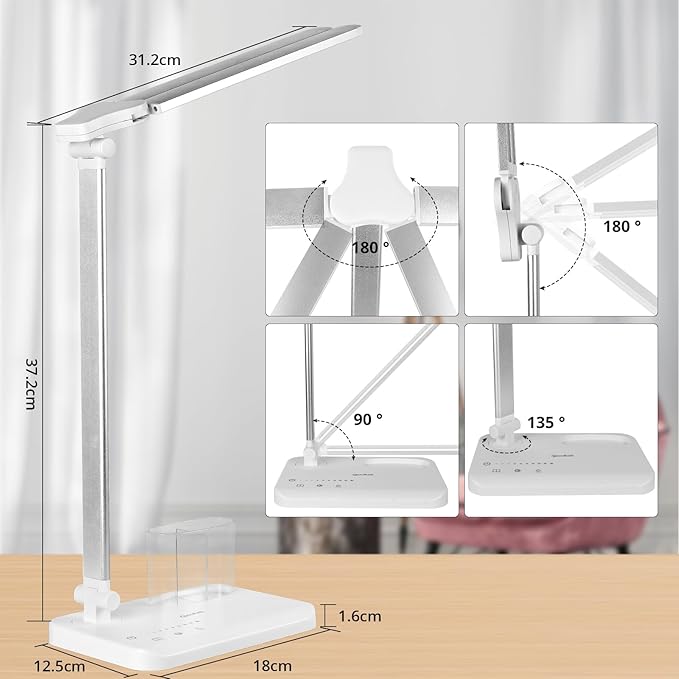 Qooltek LED Desk Lamp for Home Office, Touch Control Table Lamp with 5 Color Modes and Adjustable Brightness,Dual Swing Arm USB Charging Port Foldable Reading Light, Auto Timer, Silver White, 5W