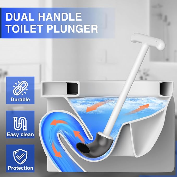 3 in 1 Toilet Brush and Plunger Set，Extended Handle Plunger,Heavy Duty Toilet Bowl Brush and Holder Hidden Toilet Plunger and Brush Set,Bathroom Cleaning Supplies (Pure White)