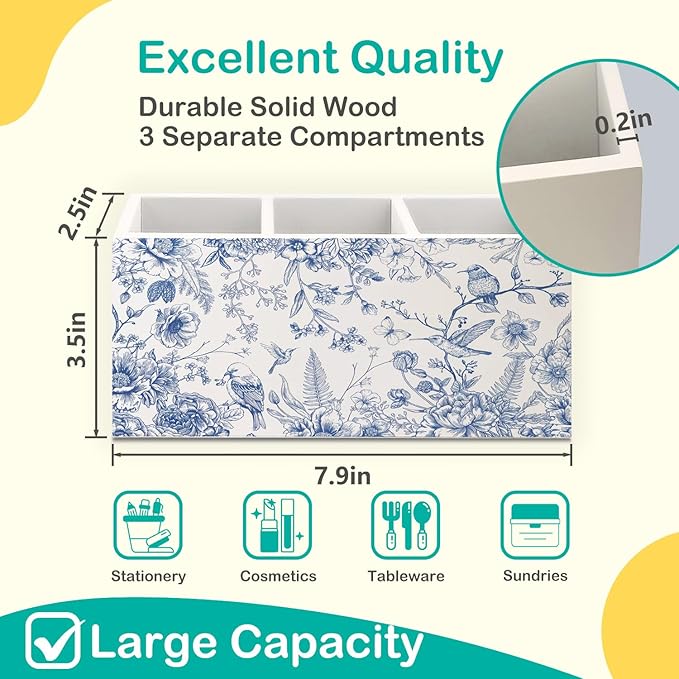 Chinoiserie Floarl Pen Holder for Home Office Desk, Vintage Home Decor, Chinoiserie Blue and White Floral Birds Makeup Brush Toothbrush Holder Organizer for Bathroom Desk Accessories