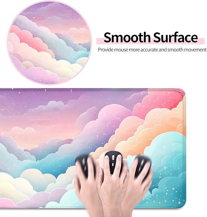 Dreamy Colorful Cloud and Star Gaming Desk Mat, Computer Keyboard Large Extended Long Girly Mouse Pad for Office and Home, XL (W08)