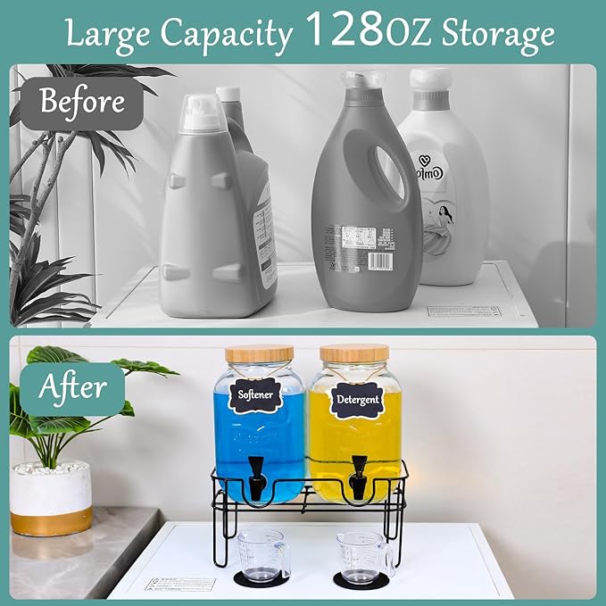 Liquid Laundry Detergent Dispenser BY VEGEVIGI, 128OZ Glass Laundry Soap Disepnser Container, Fabric Softener Dispenser, Laundry Room Organization, 2P