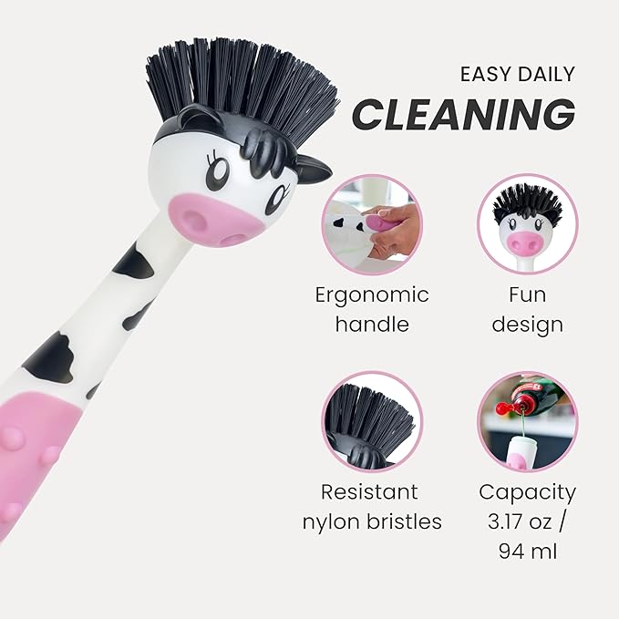Vigar Moo Cow-Shaped Soap Dispensing Dish Brush, Dish Brush with Soap Dispenser for Pot Scrubber, Dishes, Sink, and Kitchen Essentials, White, Black